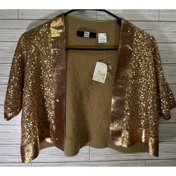 SaKs Fifth Avenue Black Label Bronze Champagne Sequin‎ Cashmere Sweater Sz Lg - Picture 1 of 11